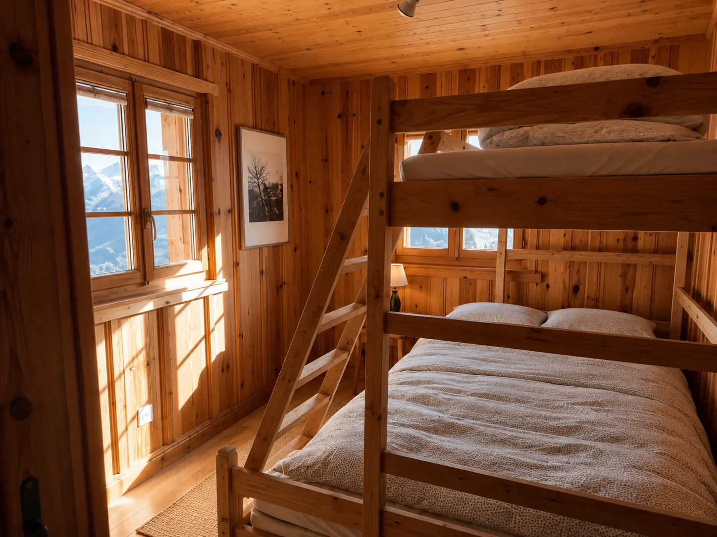Bunk bedroom with mountain view at Le Gypaète, alpine chalet Val de Bagnes near Verbier