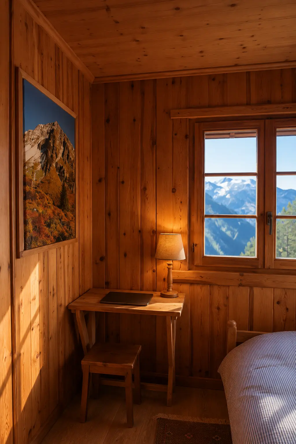 Remote work corner in Le Gypaète, sustainable alpine accommodation near Verbier