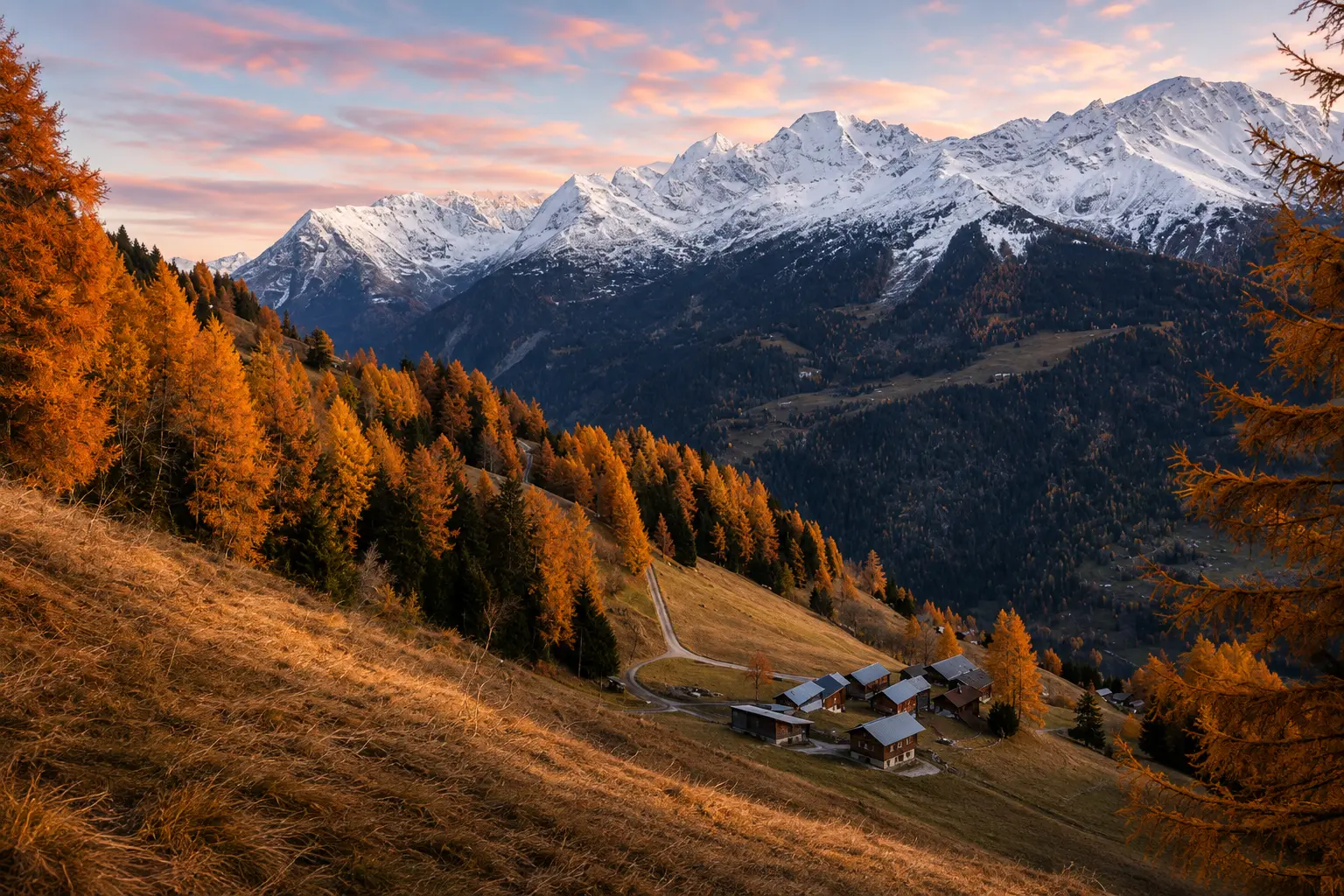 Mélèzes dorés en automne et sommets enneigés au-dessus du Val de Bagnes