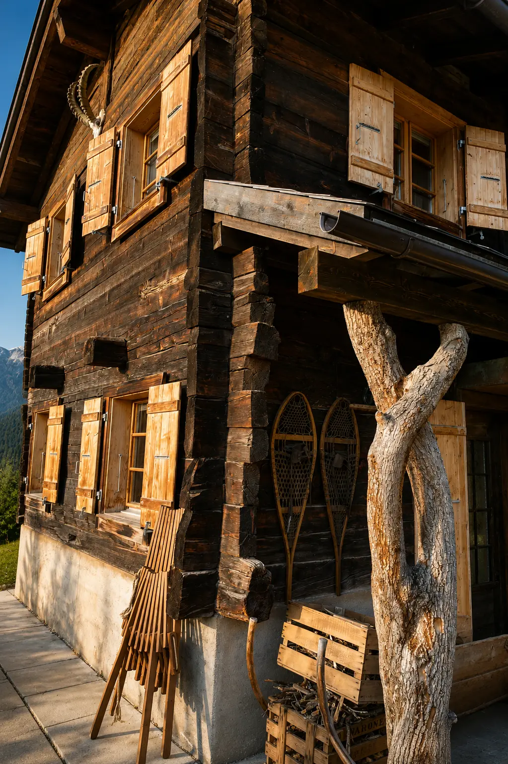 Façade en vieux bois du chalet Le Gypaète avec raquettes anciennes, Val de Bagnes