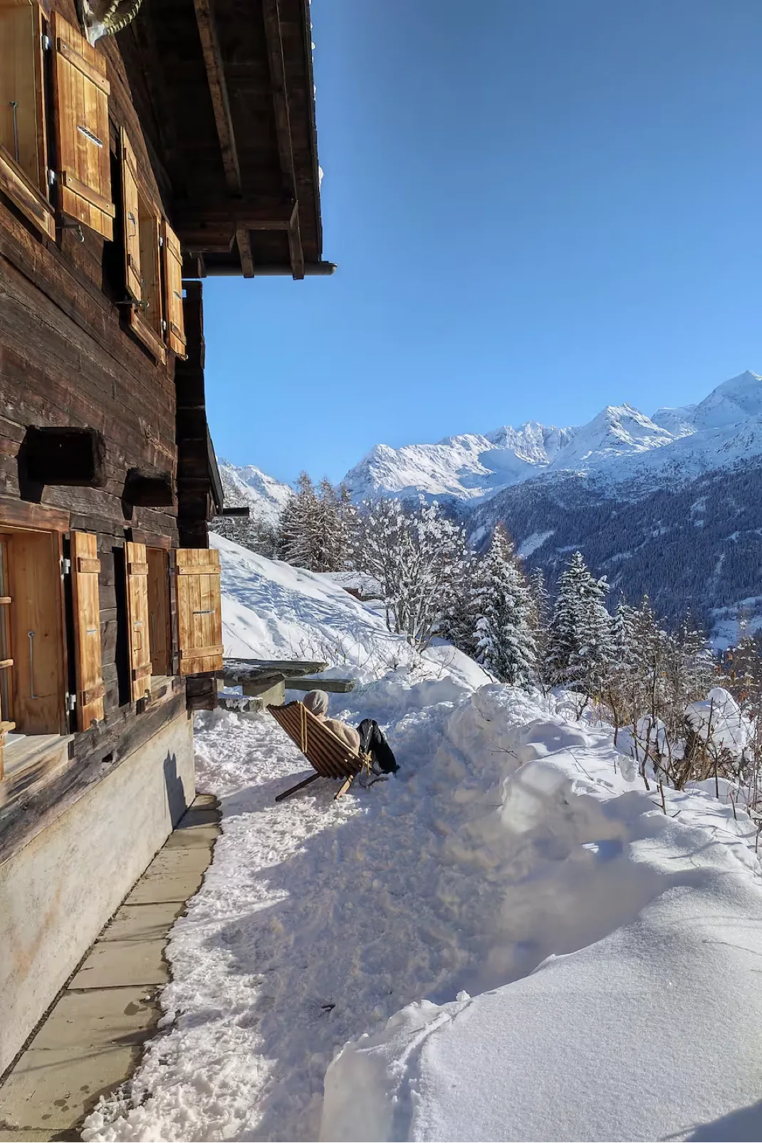 Off-grid alpine chalet Le Gypaète in winter, Val de Bagnes near Verbier, Swiss Alps