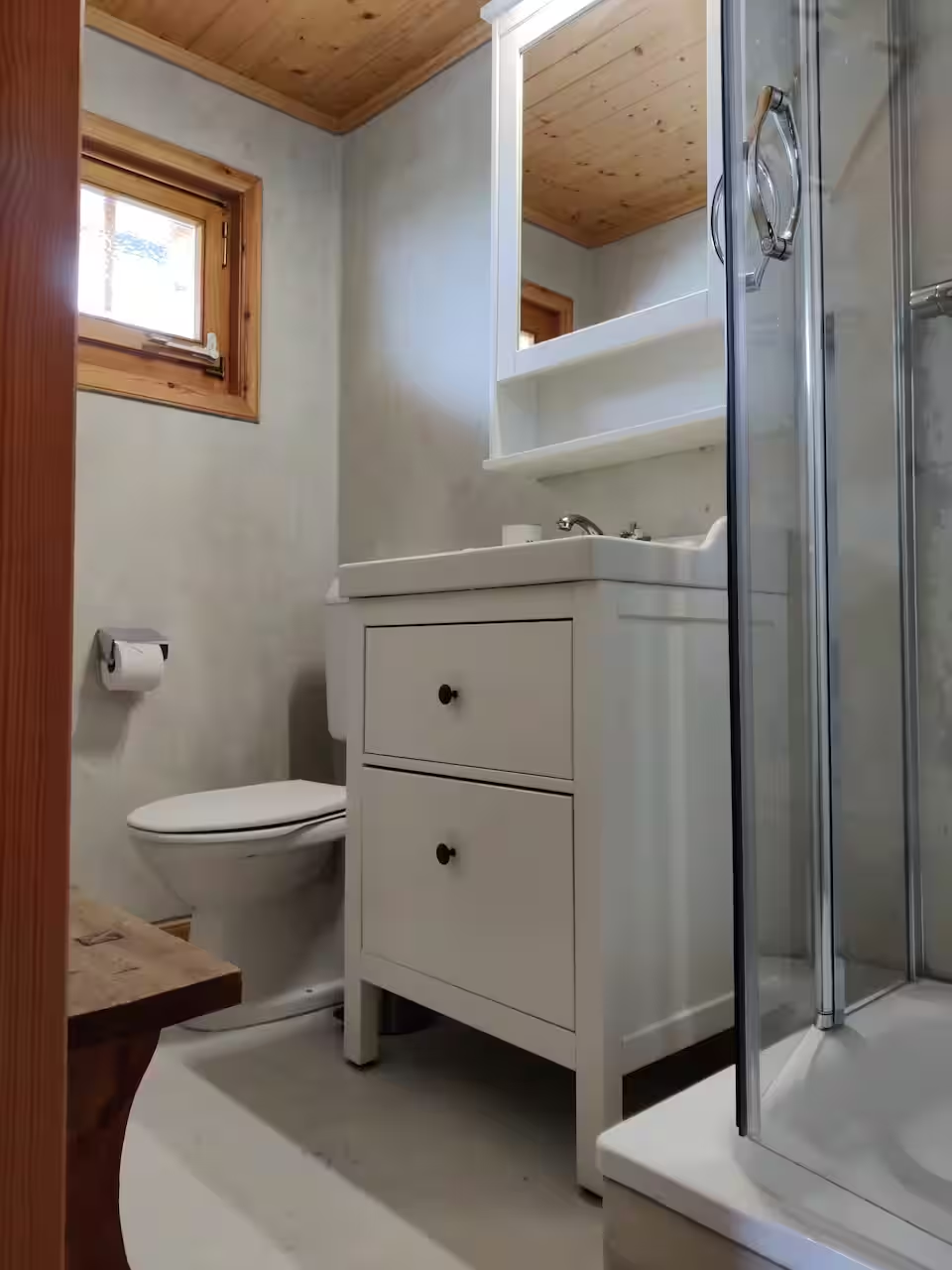 Renovated bathroom at Le Gypaète with shower, sink and WC, alpine chalet Val de Bagnes